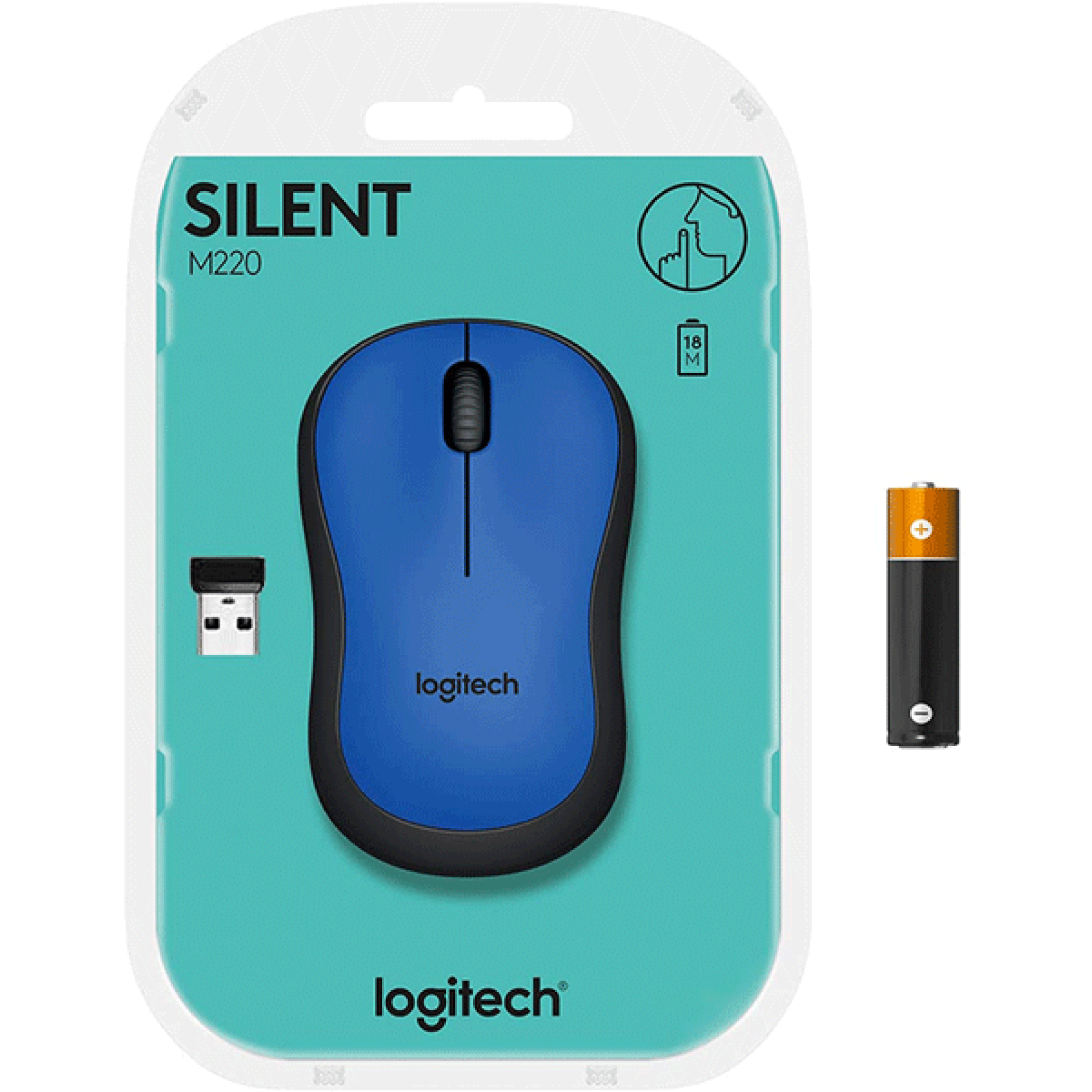 Packaging of Logitech M220 Wireless Mouse with Silent Clicks, displaying the mouse in blue color alongside a USB receiver and a battery.